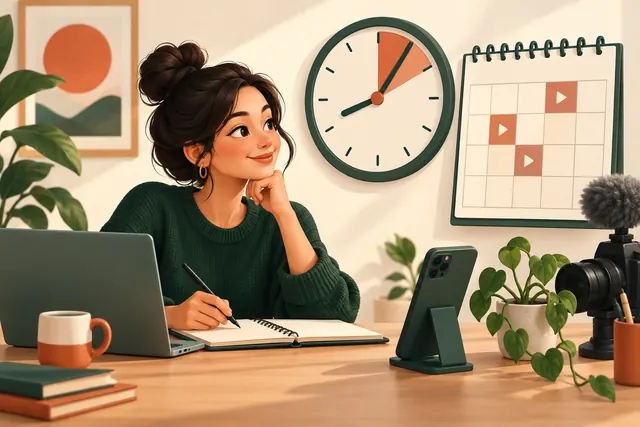 Creator planning TikTok video times with a clock and calendar