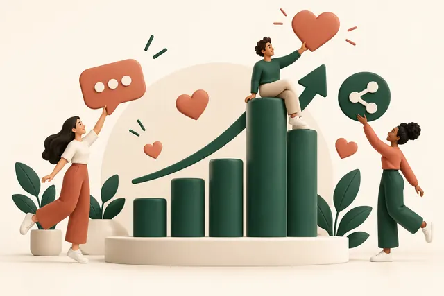 Creator interactions shown as likes, comments, shares and a rising chart