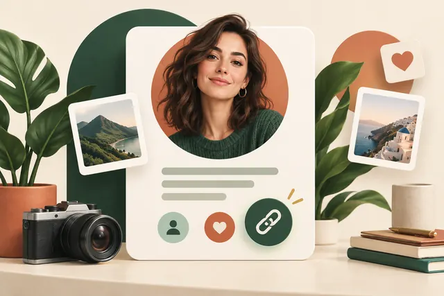 Creator profile card with portrait, bio and link symbols
