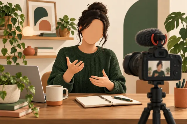 Faceless video creator working at a desk with camera and microphone