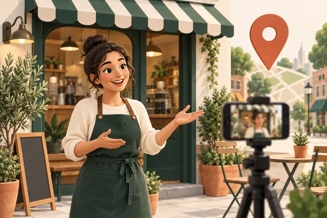 Local shop owner filming a short video outside a neighborhood storefront