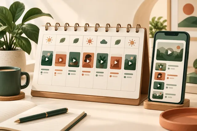Weekly creator posting schedule shown on a calendar beside a phone