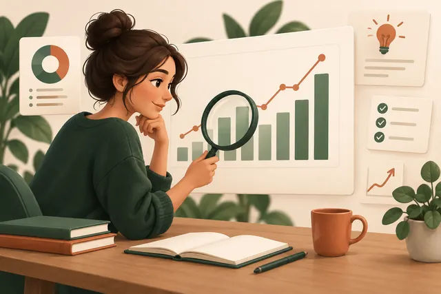 Creator studying a video analytics chart with a magnifying glass