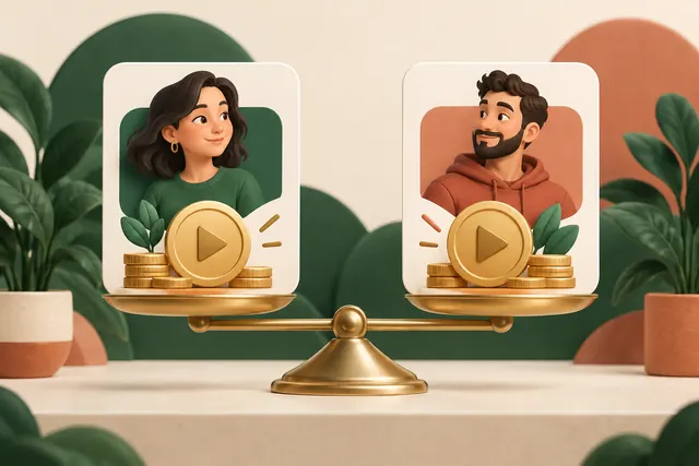 Two creator rewards programs represented by balanced cards and video symbols
