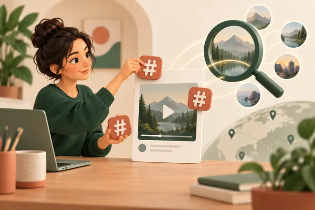 Focused hashtag tags arranged around a video discovery symbol