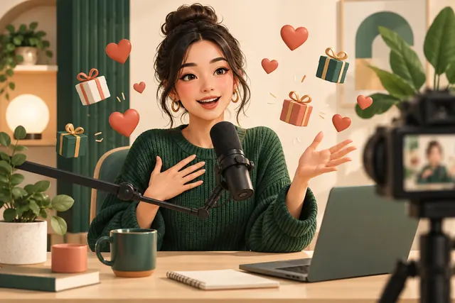 Live presenter with microphone, viewer hearts and gift shapes