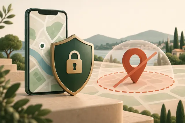 Map pin and smartphone protected by a privacy shield