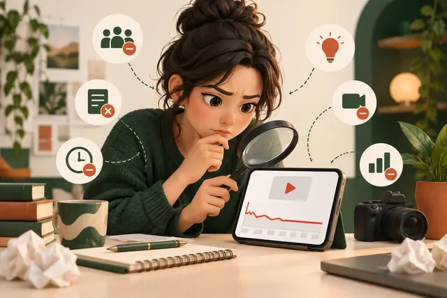 Flat video view chart on a phone with a creator investigating causes