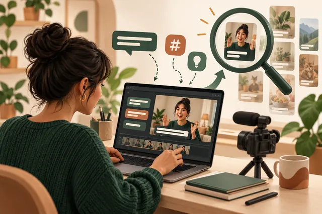 Creator adding captions while a search symbol highlights video discovery